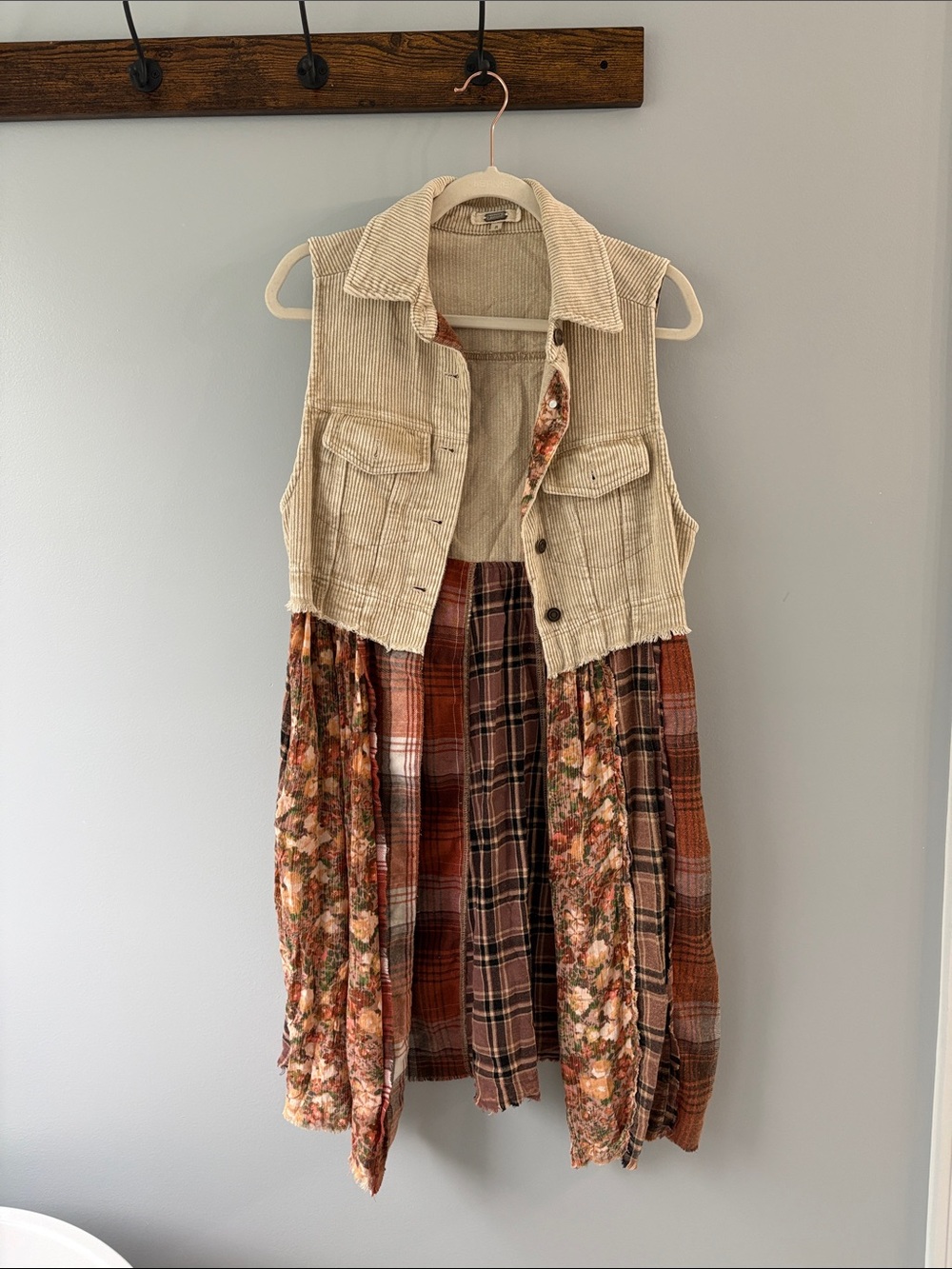 Boho Mixed-Print Corduroy Vest Dress in Cream and Rust